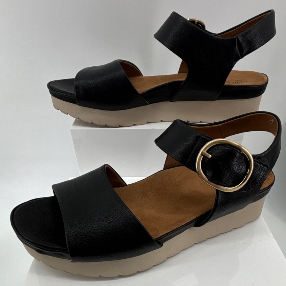 Eurosoft by Sofft Women's 11 Black Strappy Buckle Wedge Platform Sandals Casual